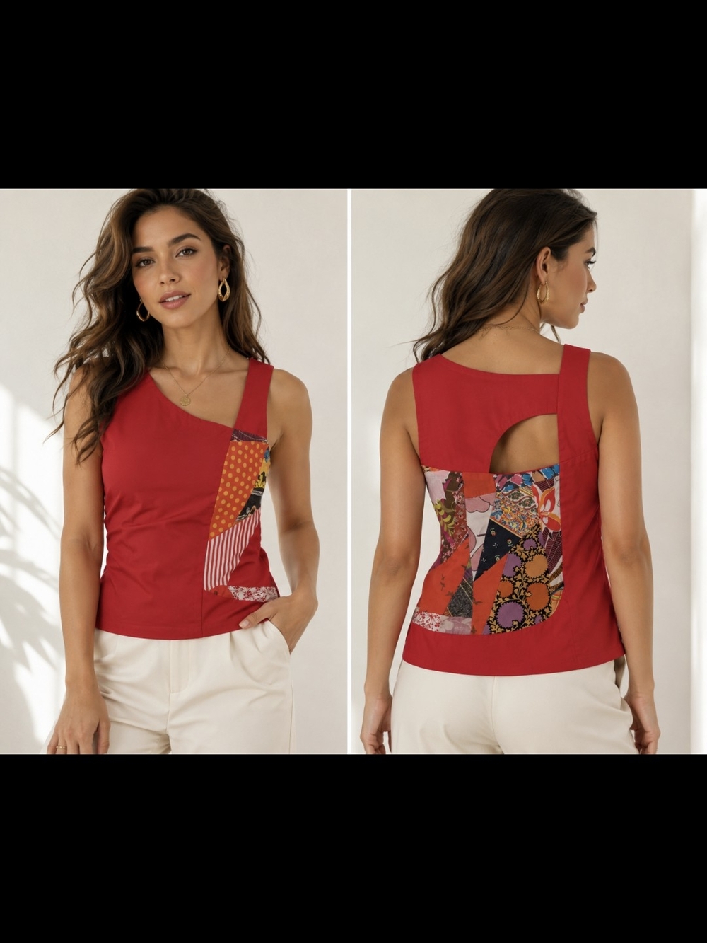 Myco Anna Patchwork Tank Top XS Small Red Cotton Upcycled Art Boho Eco Chic